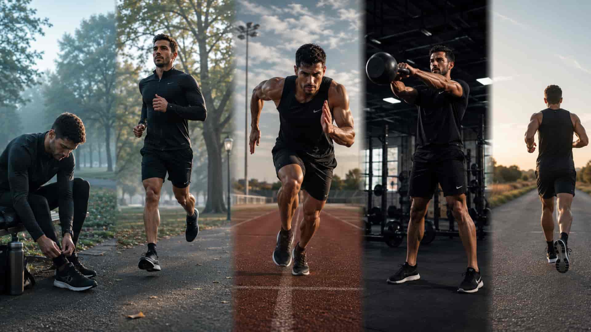 A five-panel collage showing different athletes, including a runner, sprinters, a person using kettlebells, and a jogger.