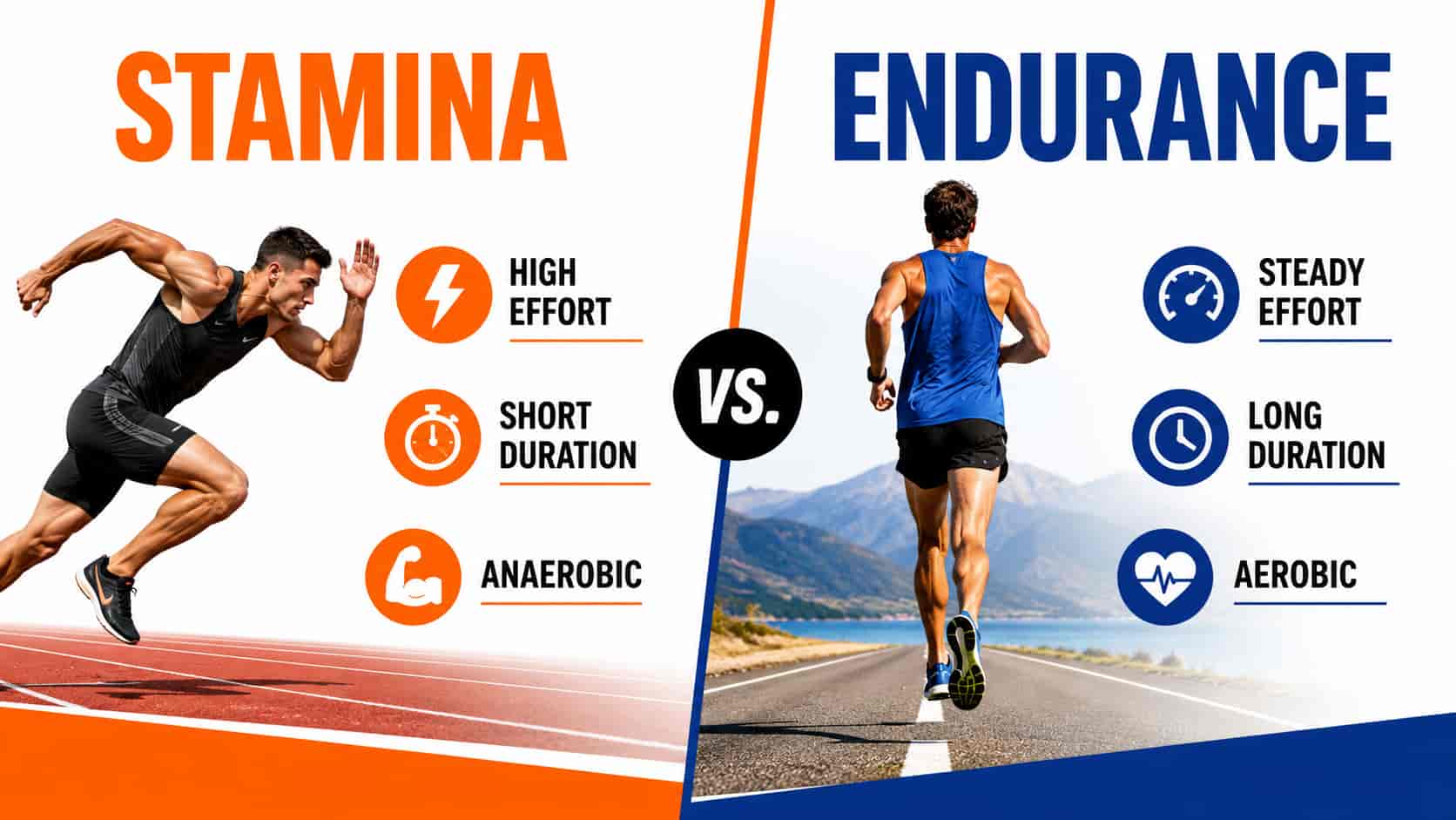 Infographic comparing "Stamina vs. Endurance" with a sprinter on a track for stamina and a long-distance runner for endurance.