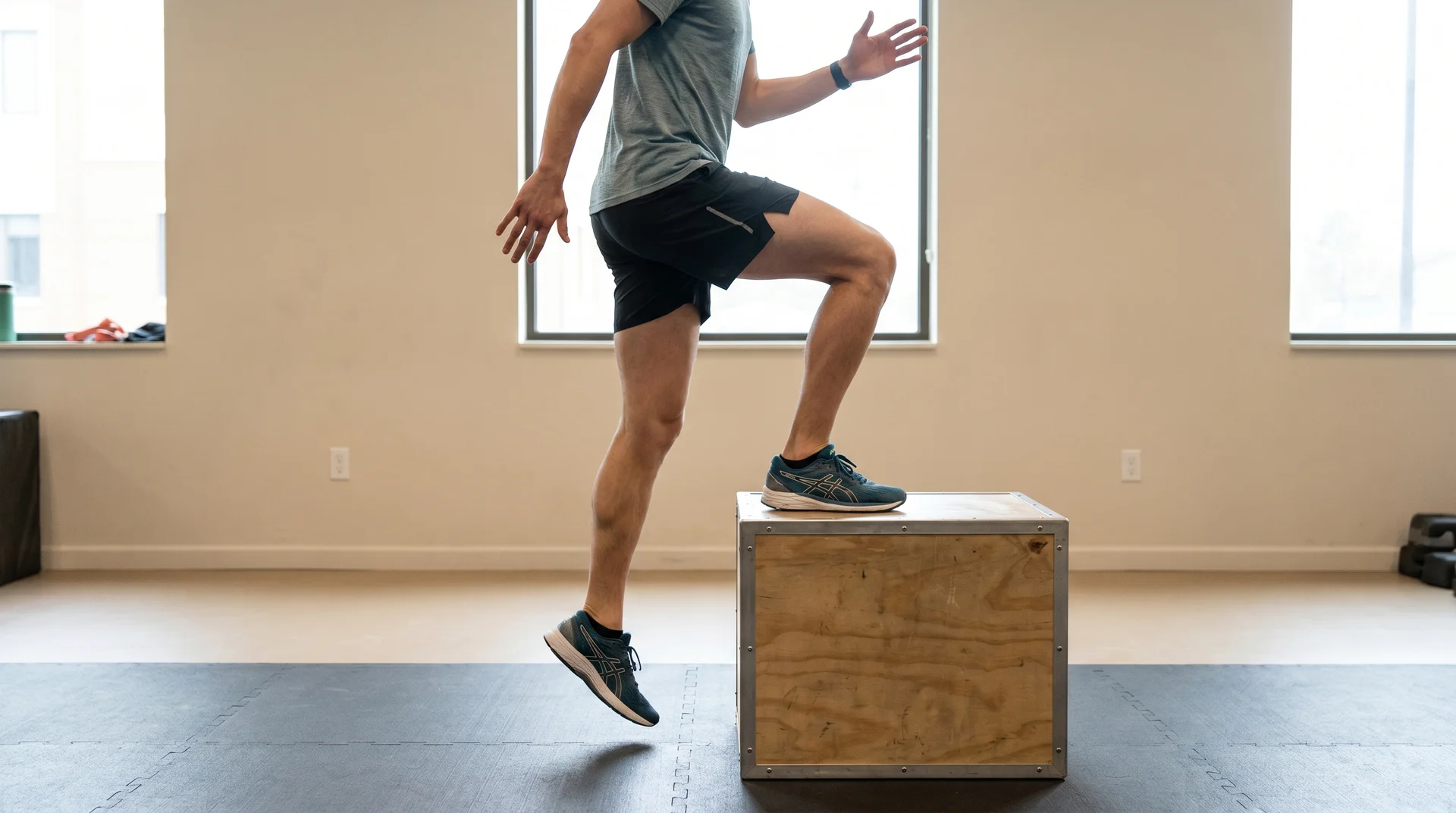 A side-view of a person wearing black shorts and running shoes performing a step-up exercise on a wooden plyometric box in a bright gym studio.
