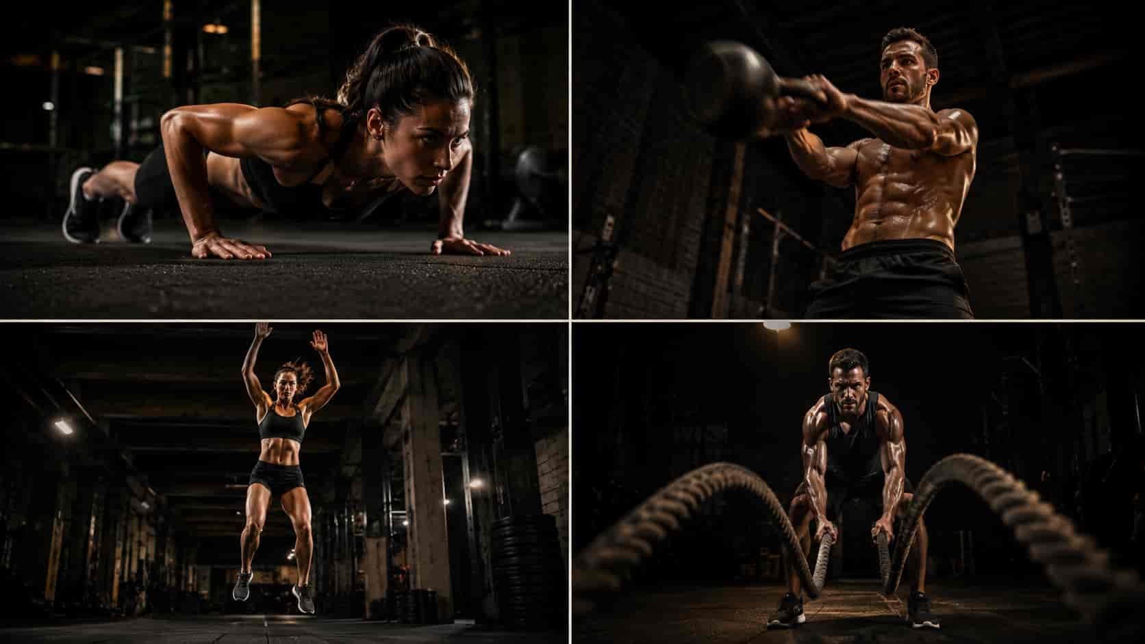 A four-panel grid showing people doing push-ups, kettlebell swings, box jumps, and battle ropes.