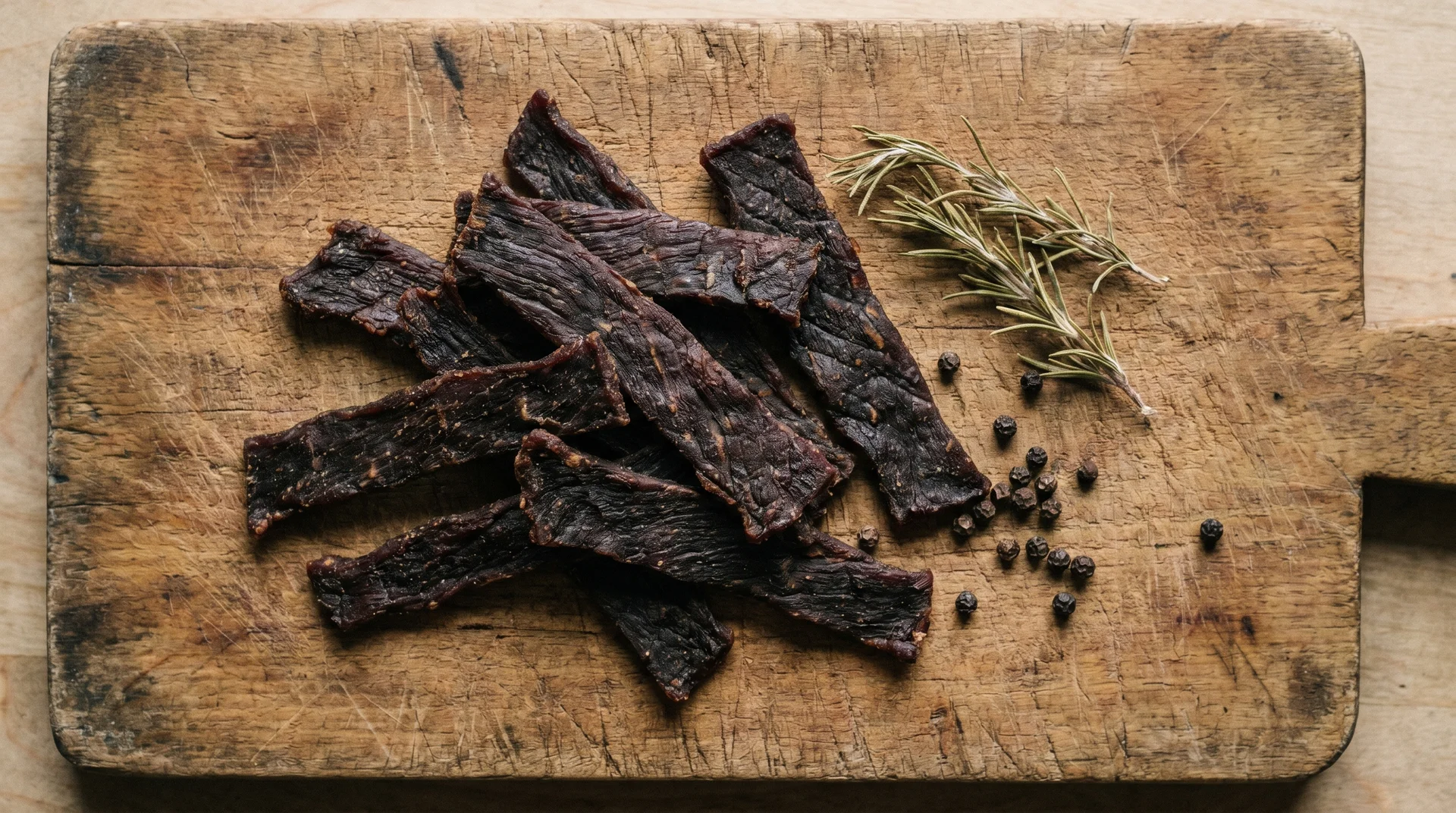 Pieces of dark beef jerky stacked on a rustic wooden cutting board, garnished with black peppercorns and a sprig of fresh rosemary.