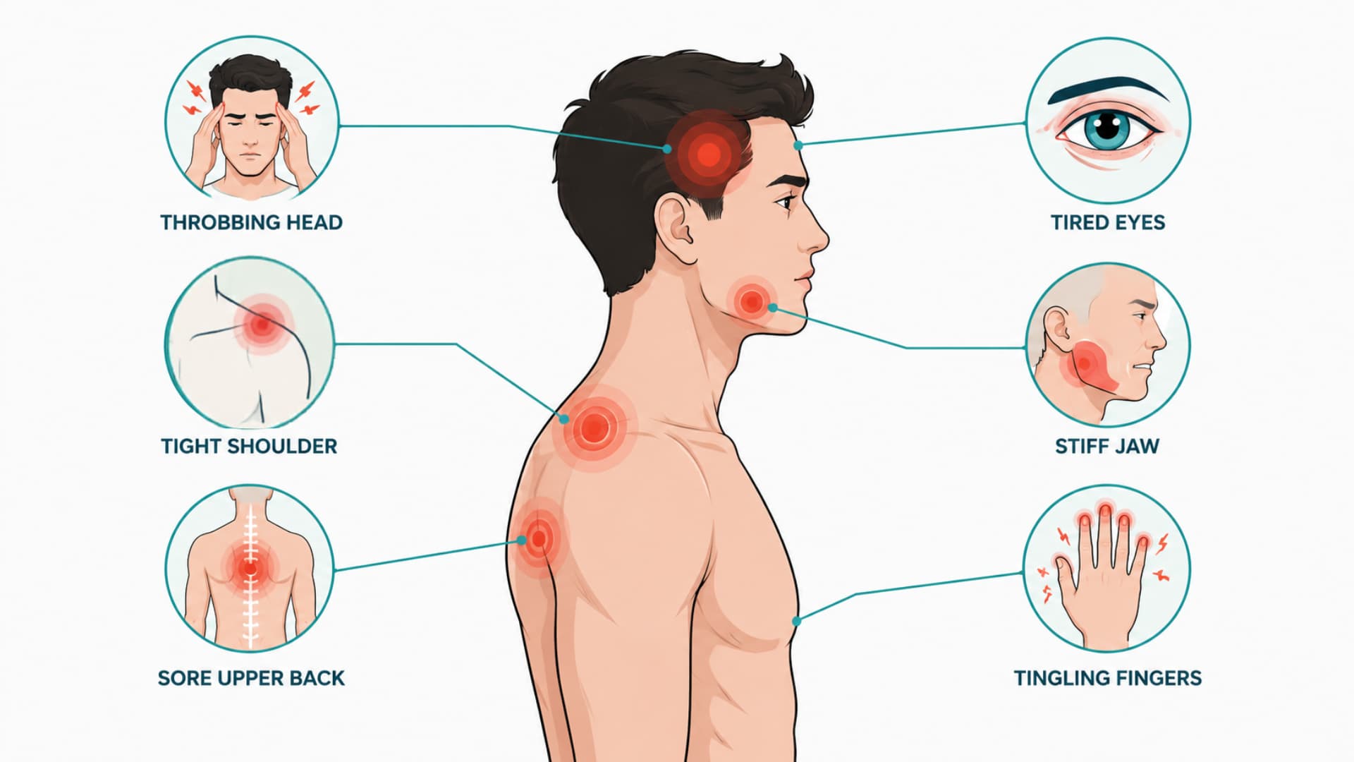 Diagram of six tech neck symptoms including throbbing head, tight shoulder, sore upper back, tired eyes, stiff jaw, and tingling fingers.