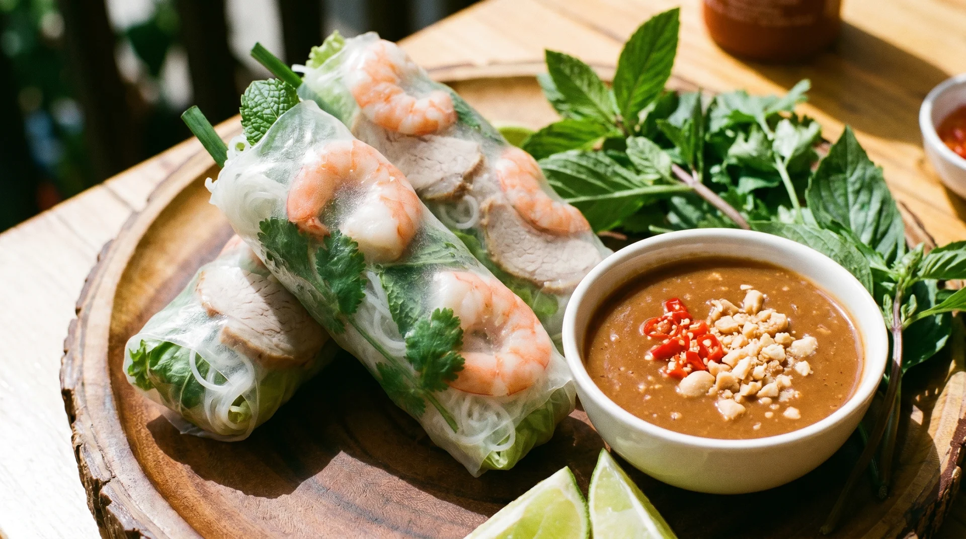 Three fresh spring rolls filled with shrimp and greens, served on a plate next to a small bowl of peanut dipping sauce.