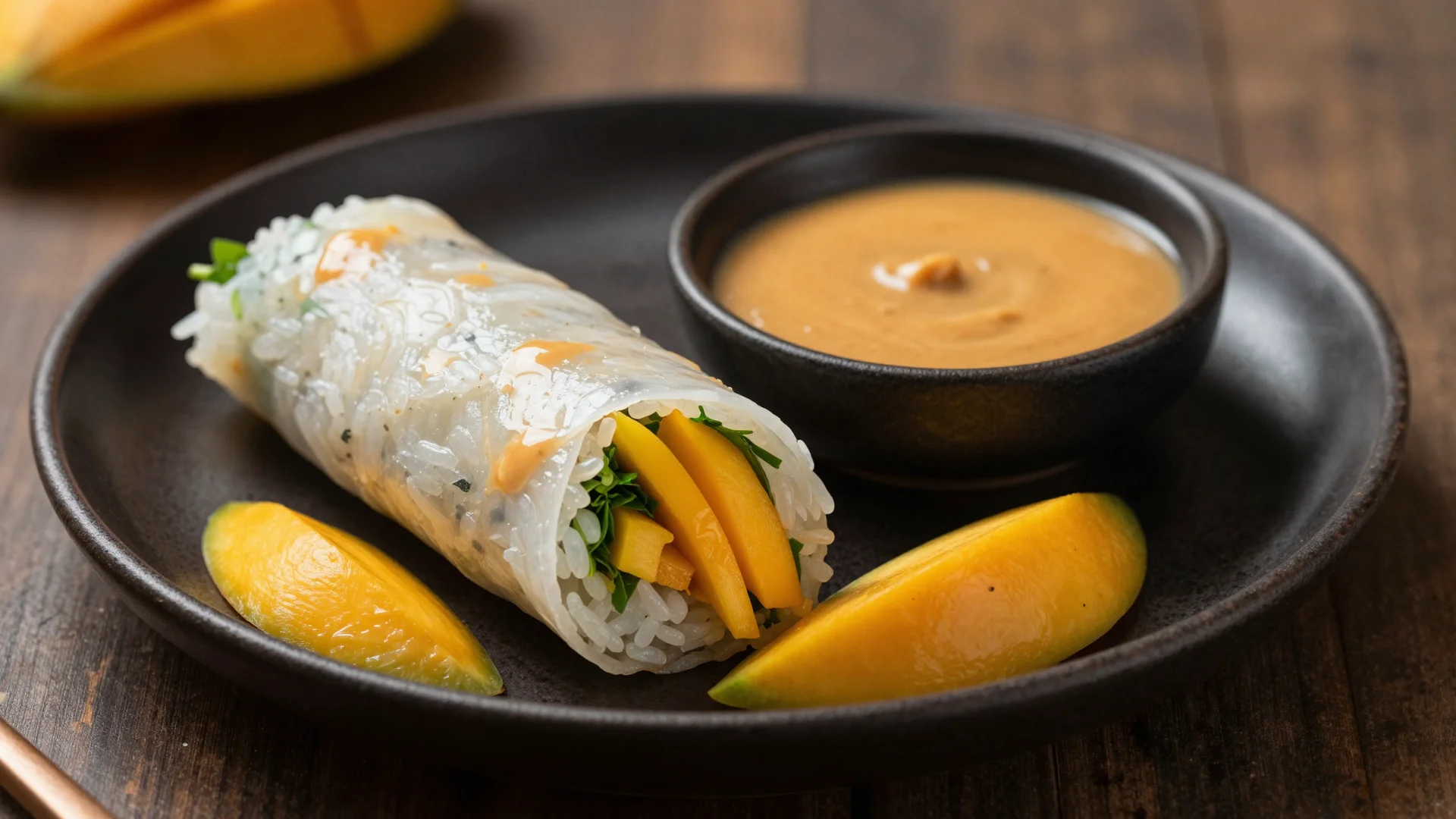 A fresh rice paper roll filled with sliced mango, rice vermicelli, and greens, served on a black plate alongside a small bowl of peanut dipping sauce and extra mango slices.