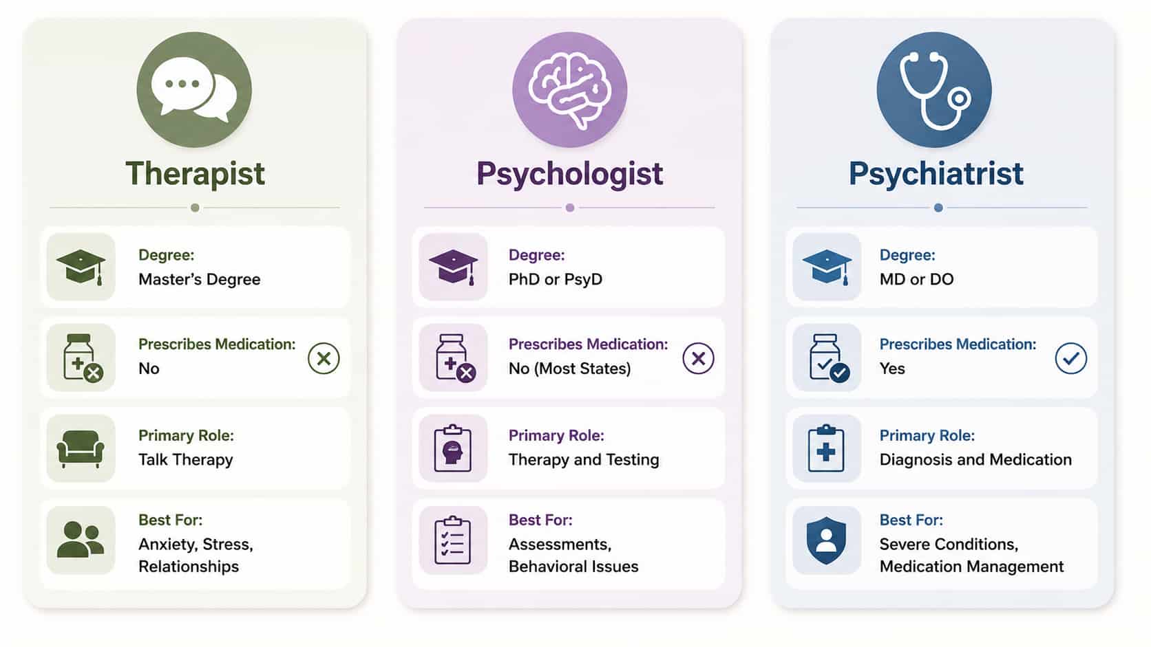 An infographic titled "Therapist vs Psychologist vs Psychiatrist: How They Differ" comparing their credentials, roles, and prescribing abilities in three columns.