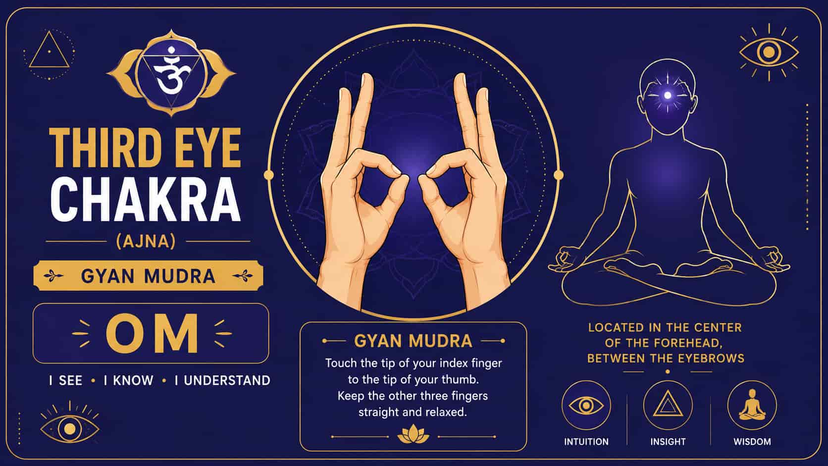 Infographic for Third Eye Chakra (Ajna) with Gyan Mudra illustration, "OM" seed mantra, and core beliefs on a dark blue background.