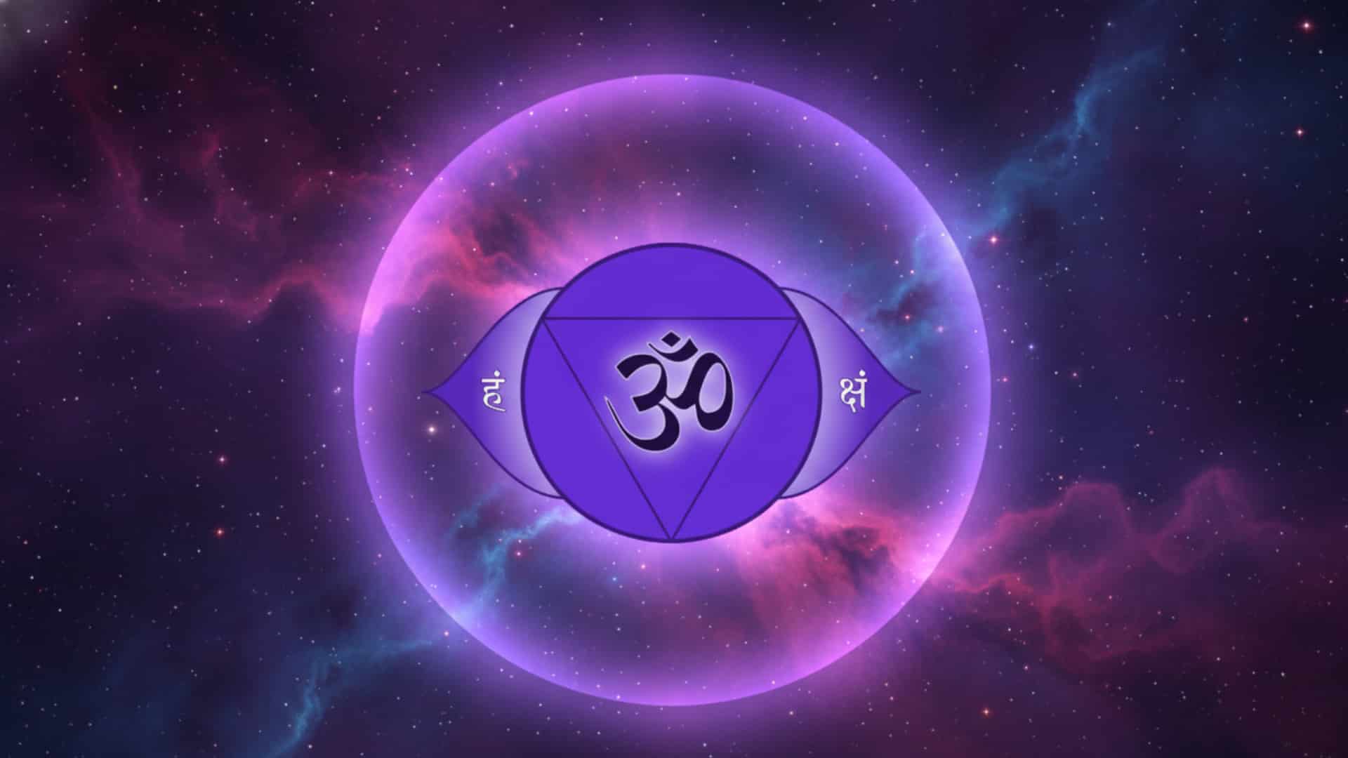 Indigo Third Eye Chakra symbol featuring a two-petaled lotus and the Sanskrit Om character against a dark starry background.