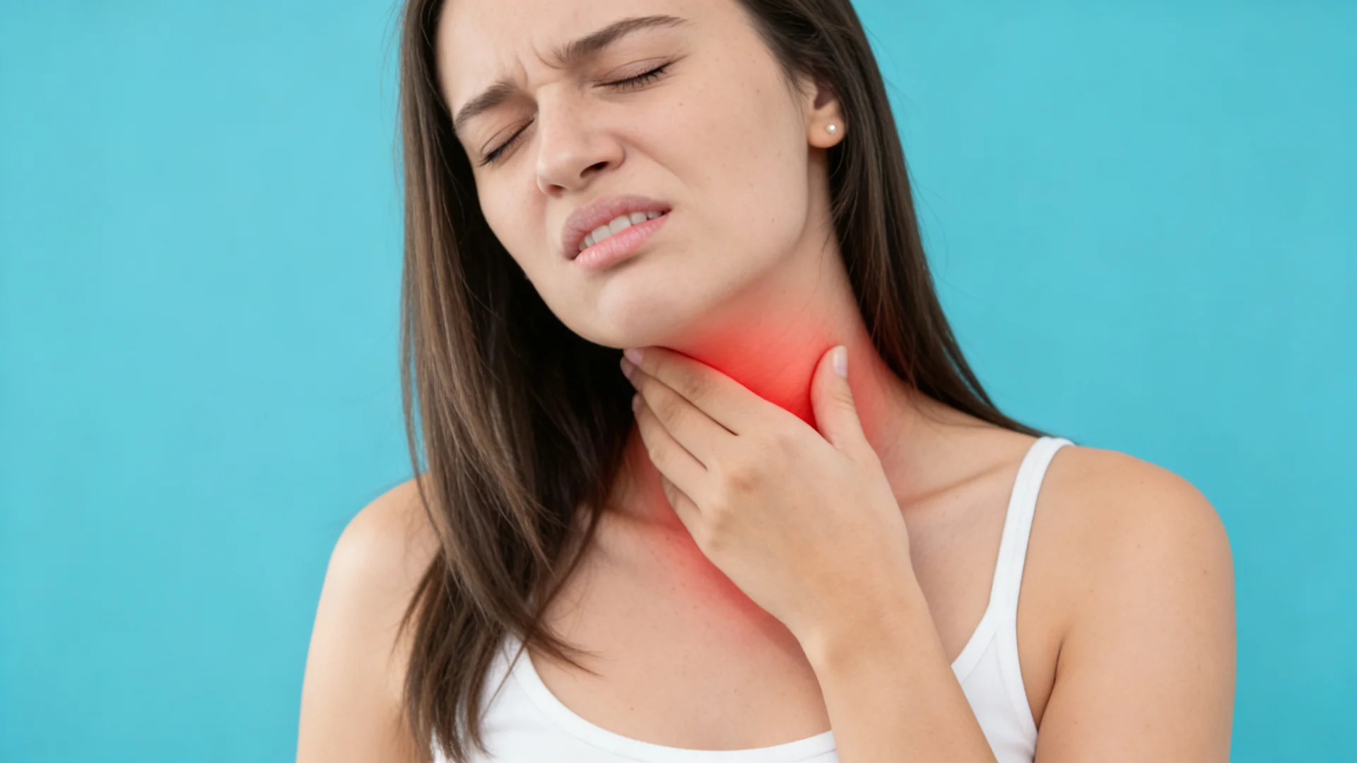 A woman winces in pain while clutching her sore throat against a solid light blue background, illustrating physical symptoms of a throat chakra blockage.