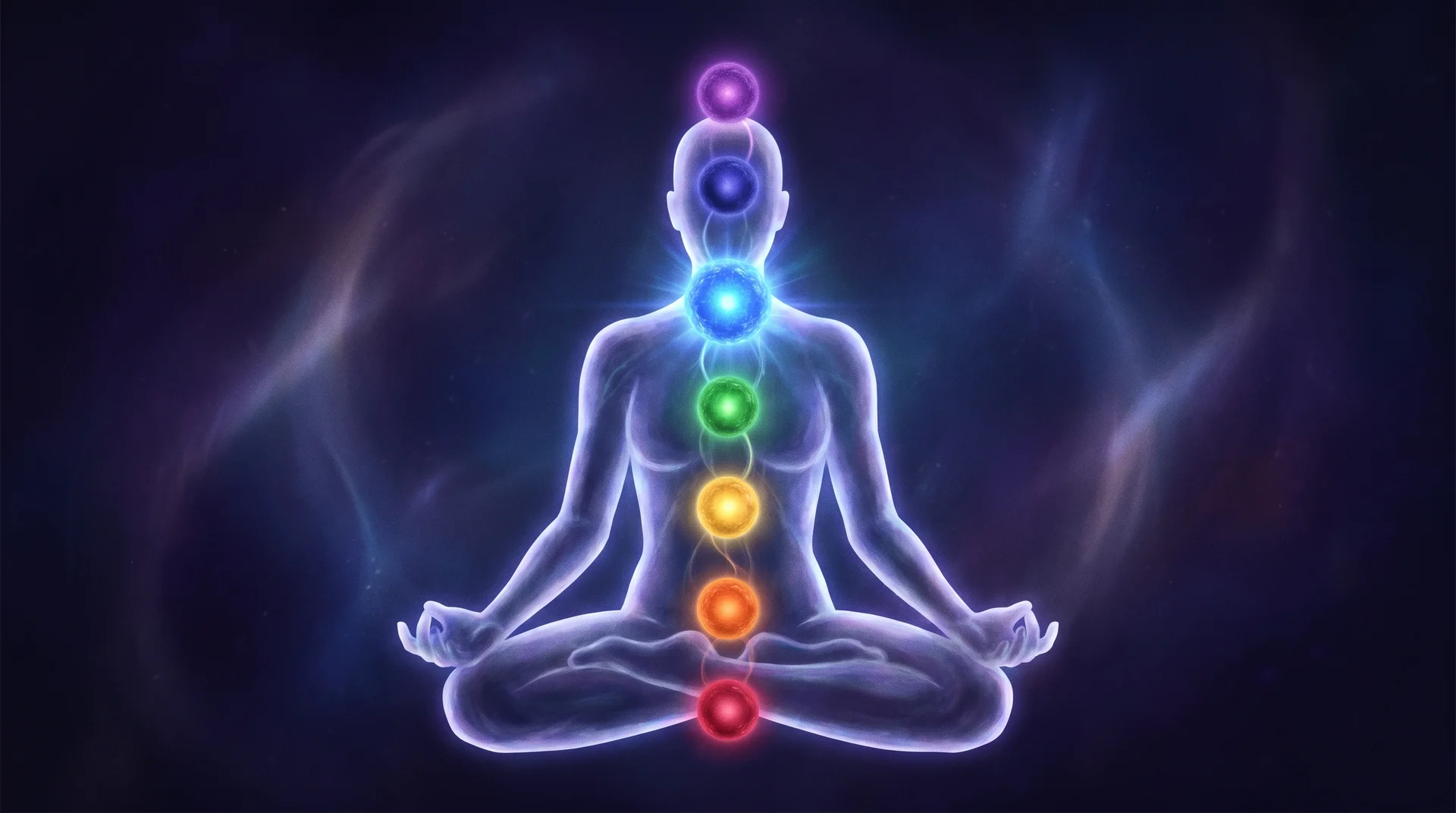 A digital illustration of a transparent human figure meditating on a dark background. Seven colorful, glowing circles representing the chakras