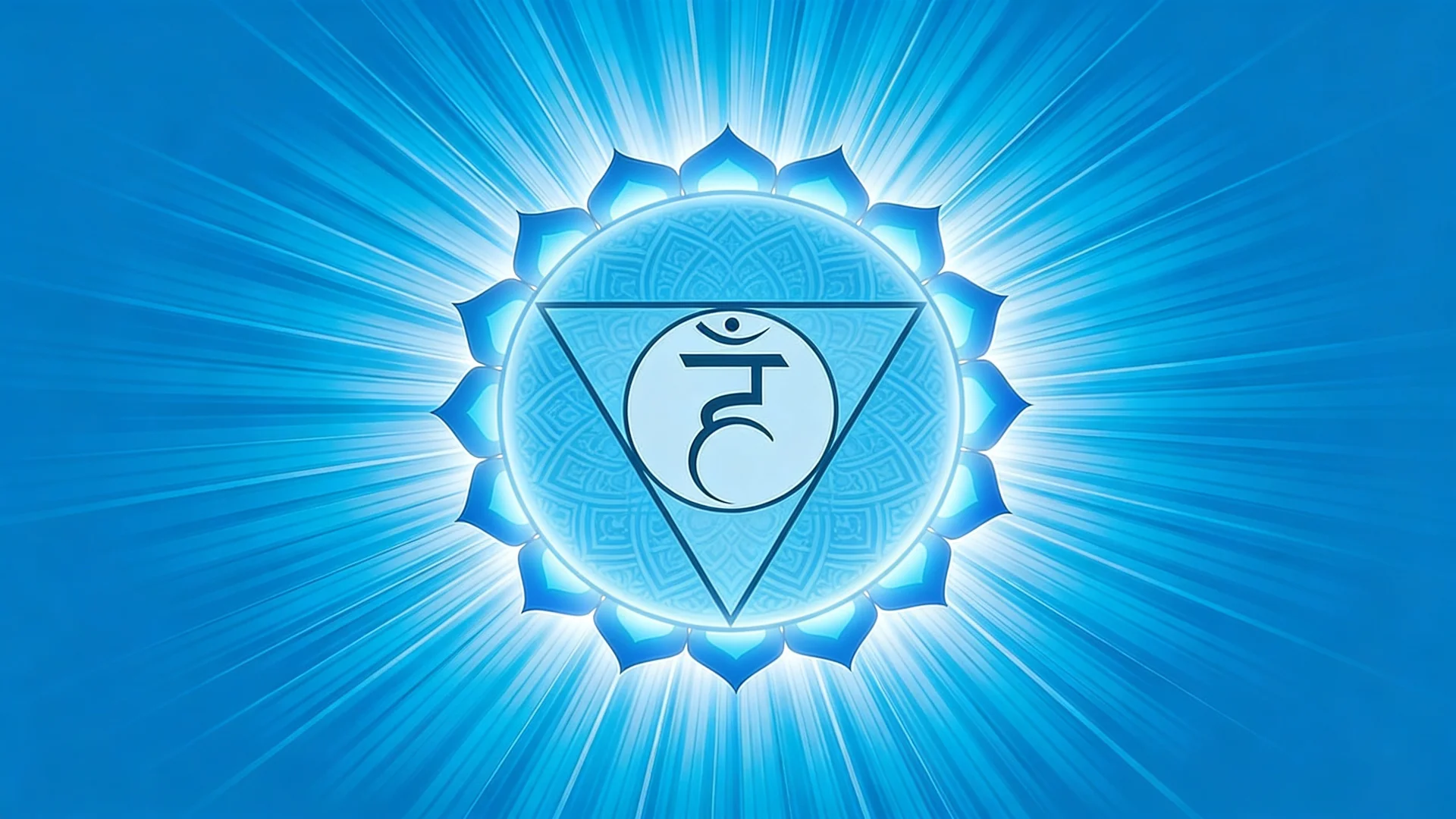 Blue throat chakra symbol (Vishuddha) with a central Sanskrit glyph against a radiating light blue background.