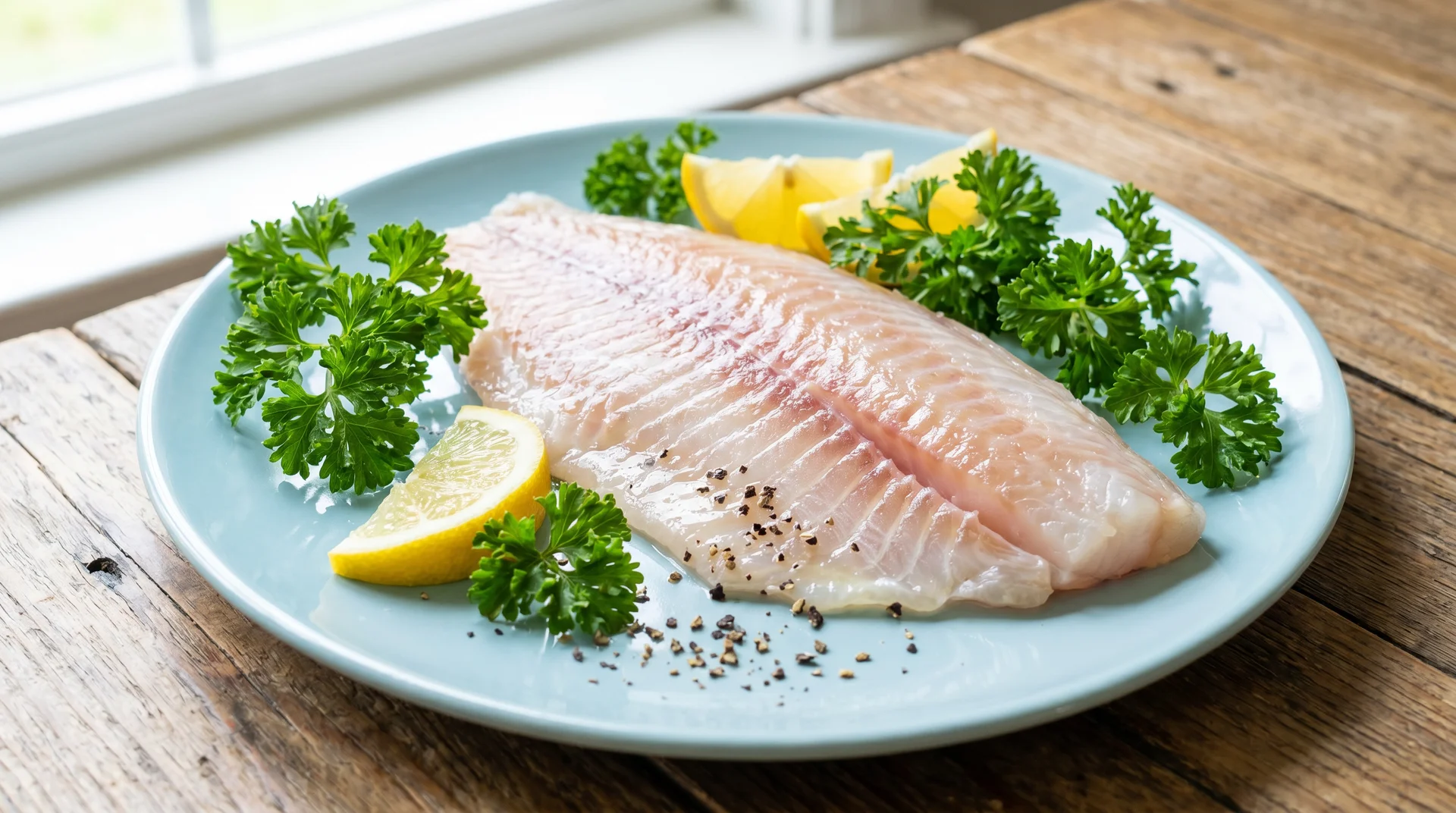 Raw tilapia fish fillet on a blue-rimmed plate, garnished with lemon slices and fresh curly parsley.