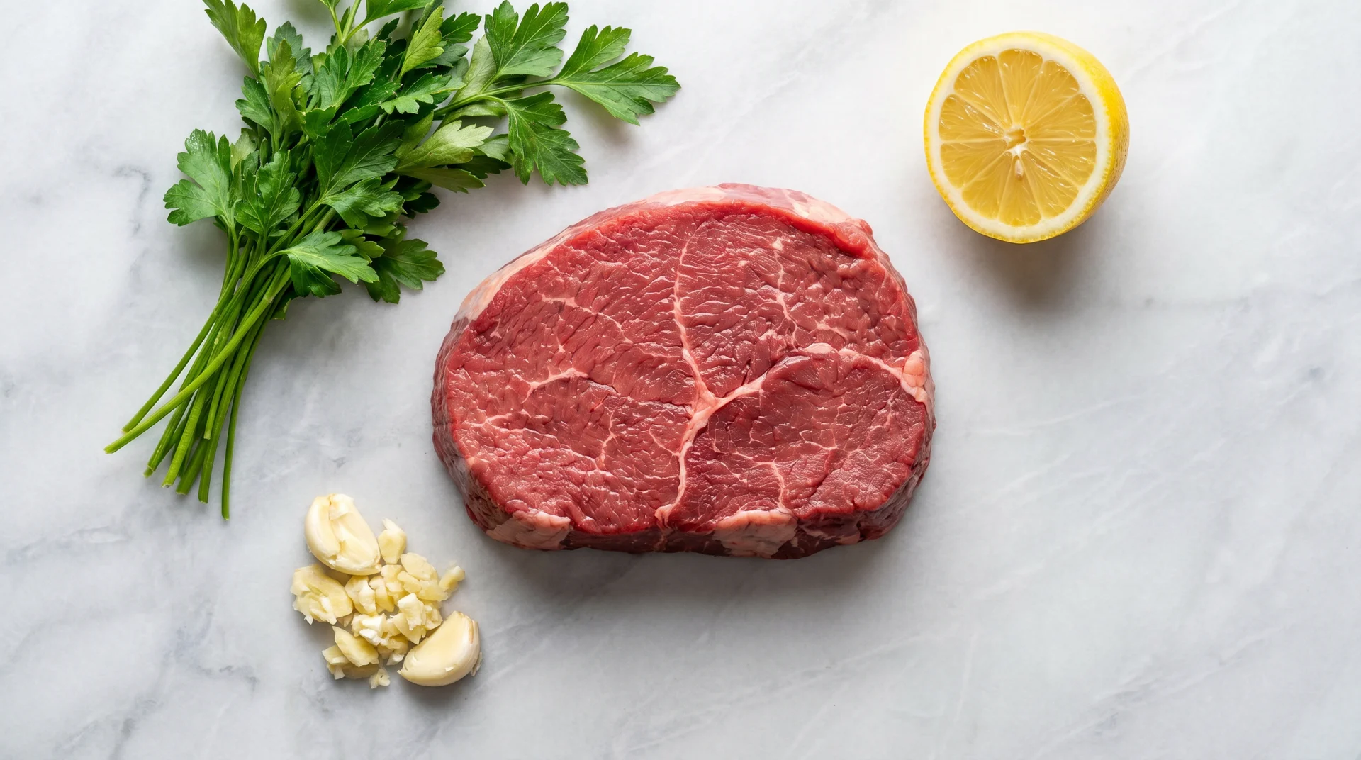 Raw top round steak on a white marble surface, garnished with a parsley bunch, garlic cloves, and a lemon half.