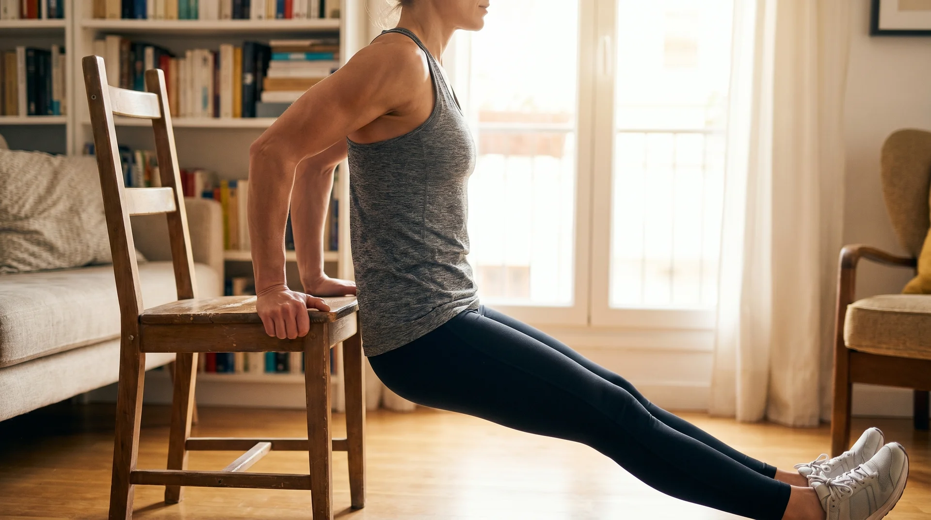 A woman in athletic wear performing a tricep dip with her hands placed on the edge of a wooden chair and her legs extended forward on the floor.