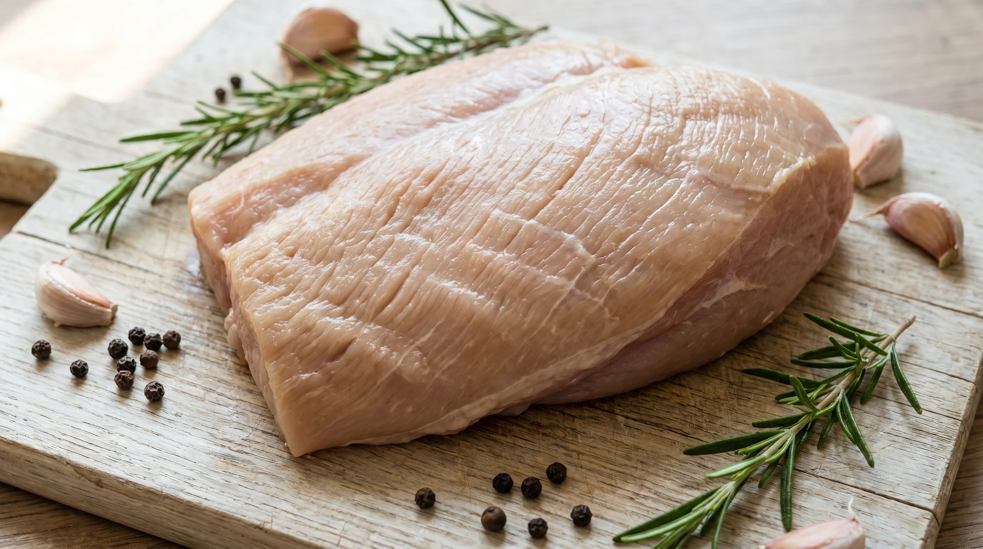 Raw turkey breast on a wooden board with rosemary, garlic cloves, and peppercorns.