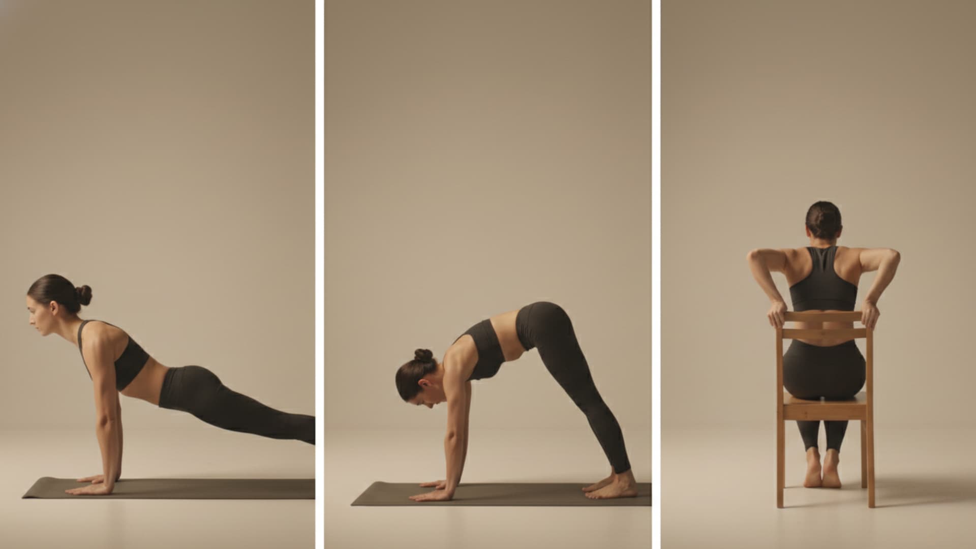A collage of three images showing a woman in athletic wear performing a plank, a pike hold, and a tricep dip on a chair.