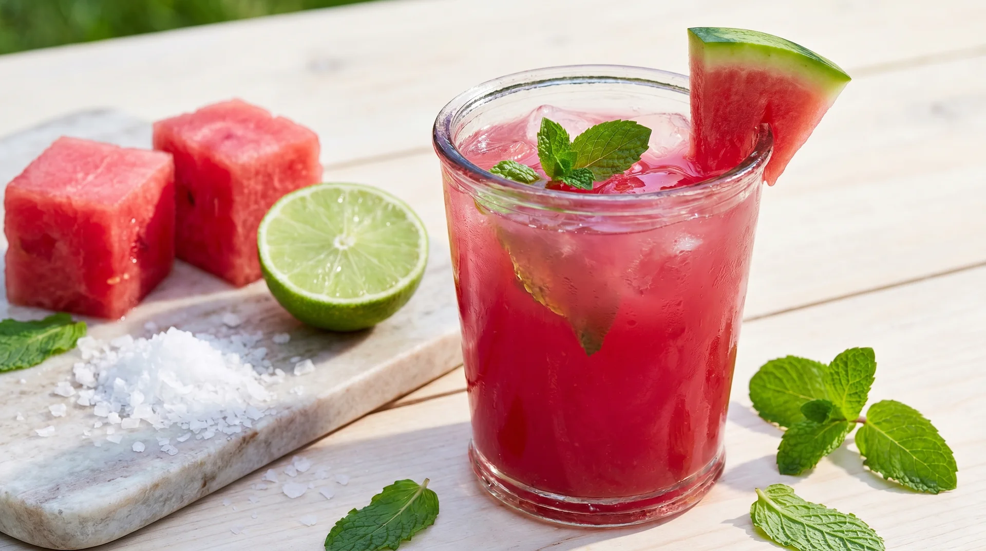 Glass of red watermelon juice with mint and lime, next to fresh watermelon cubes and sea salt on a white surface.
