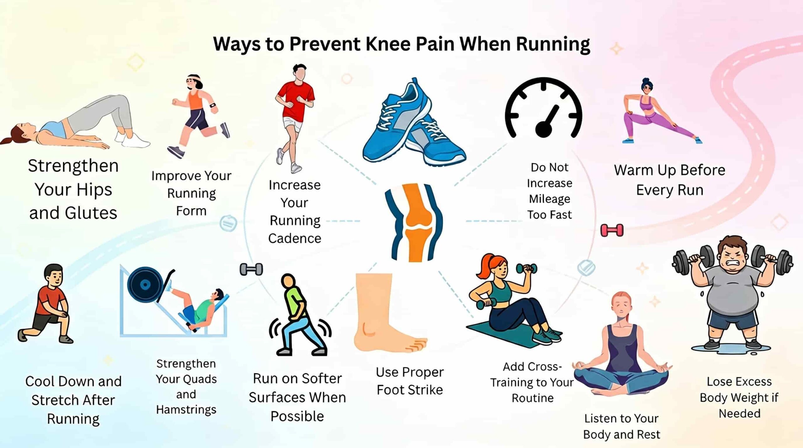 An infographic banner displaying various running tips, including stretching, muscle strengthening, and listening to your body.